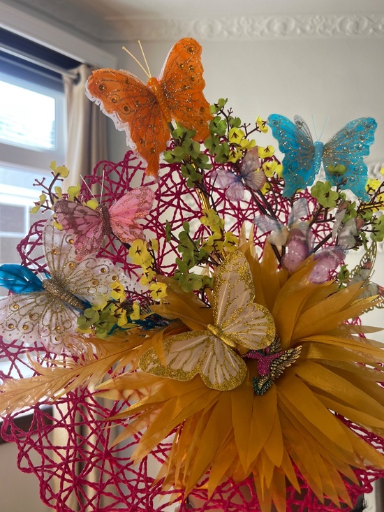 Spring/Kentucky Derby Yellow and Colorful Spring Butterflies, oversized gold sil